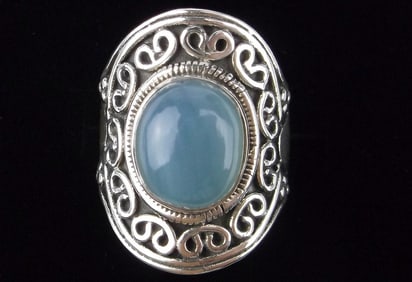 Big Mint Vint Thick Designer Sterling Blue Chalcedony Ring 7