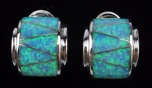 New Thick Designer Sterling Silver Fire Blue Opal Earrings