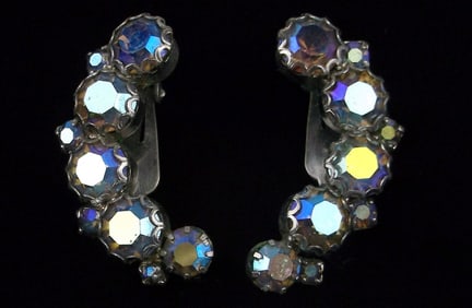 Stunning Vintage 1950s Aurora Borealis Rhinestone Moon Earrings