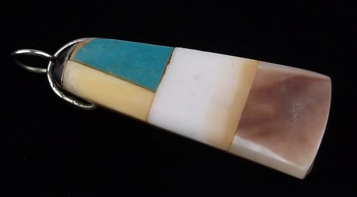 Mint 1960s Zuni Sterling Turquoise Shell Bone Inlay Pendant