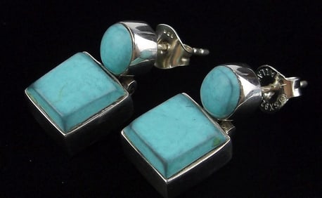 Stunning Vintage Thick Sterling Silver Turquoise Drop Earrings