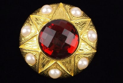 Big Mint Vintage Designer Ruby Red Rhinestone Sun Brooch