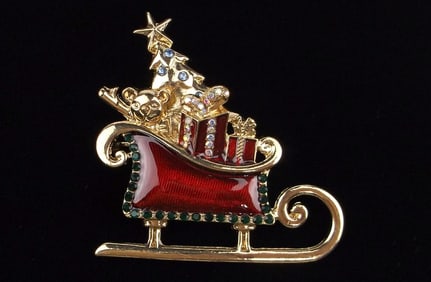 New Boxed Monet Rhinestone Christmas Sleigh Brooch Enameled