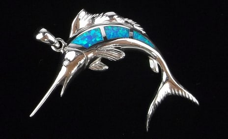 Mint Designer Sterling Silver Fire Blue Opal Swordfish Pendant