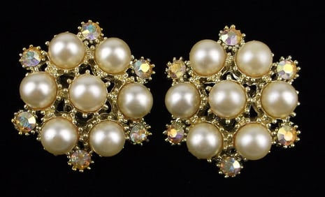 New Big Vintage 1950s Rhinestone Faux Pearl Earrings