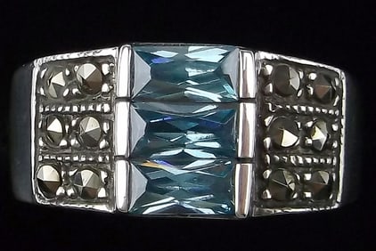 Mint Vint Thick Sterling Silver Blue Stone Marcasite Ring 8