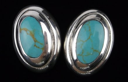 Big Mint Vint Heavy Taxco Sterling Silver Turquoise Earrings Signed