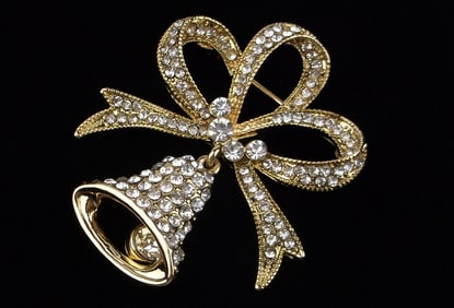 New Boxed Monet Rhinestone Christmas Bells Brooch