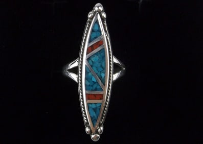 Big 1960s Navajo Tommy Singer Sterling Turquoise Coral Ring 6