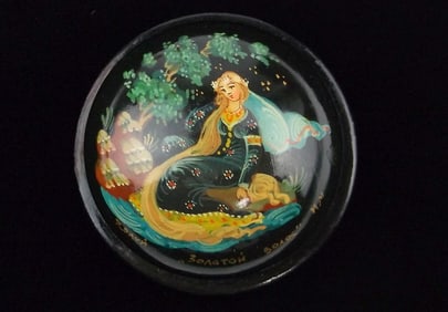 Mint 1960s Hand Painted Russian Rapunzel Wood Box Signed