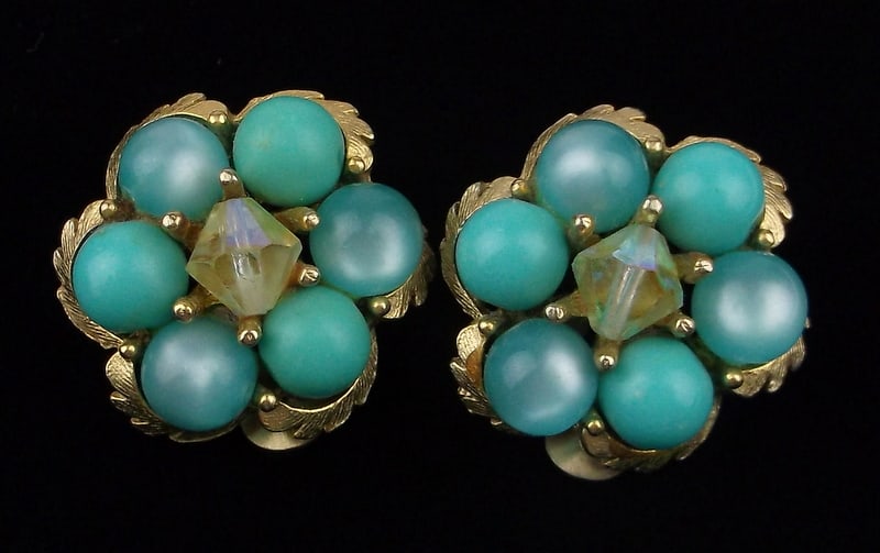 Stunning Vintage 1950s Turquoise Color and Crystal Earrings: excellent condition