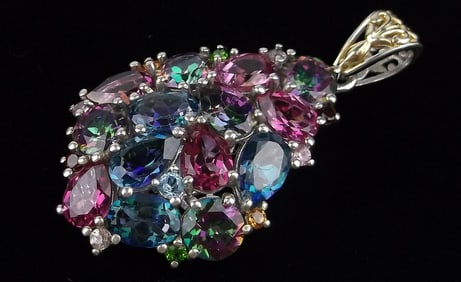 Big Mint Designer Sterling Silver Mystic Blue Pink Topaz Pendant