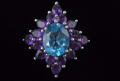 Mint Big Designer Sterling Silver 2ct Blue Topaz Amethyst Ring 8