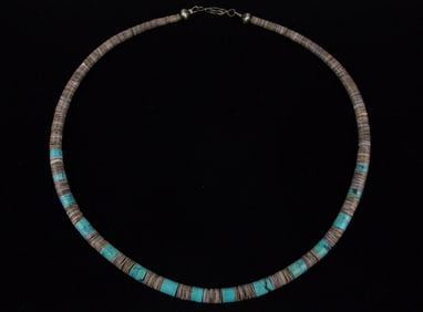 Mint 1940s Zuni Sterling Turquoise Shell Jacla Necklace 20"