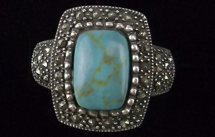 Mint Vintage Thick Sterling Silver Turquoise Ring 7 Marcasite