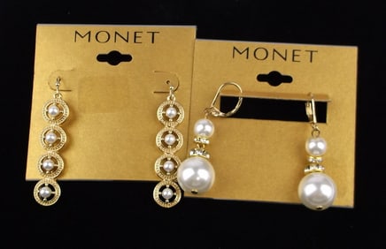 2 New Monet Faux Pearl Rhinestone Earrings Sets Lot $40