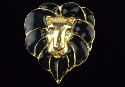 Big Mint Vintage Enameled Rhinestone Lion Brooch