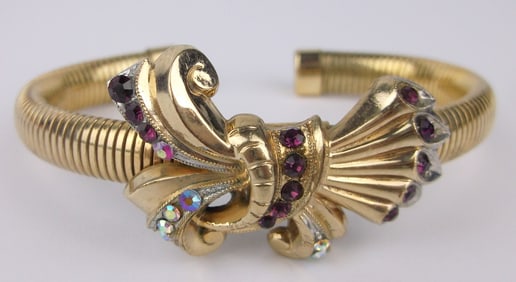 Stunning 1940s PSCO 12kt GF Rhinestone Cuff Bracelet 6-8"