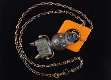 Mint 1960s MOD Bakelite Handmade Copper Brooch Necklace 24"