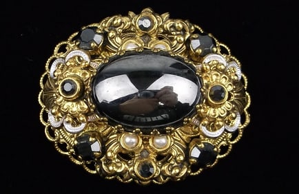 New Vintage 1950s W Germany Big Rhinestone Brooch Ornate