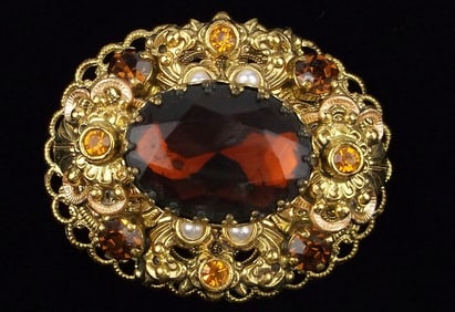 New Vintage 1950s W Germany Big Rhinestone Brooch Ornate