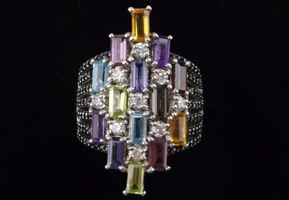 Mint Big Designer Sterling Silver Multi Gemstone Ring 6