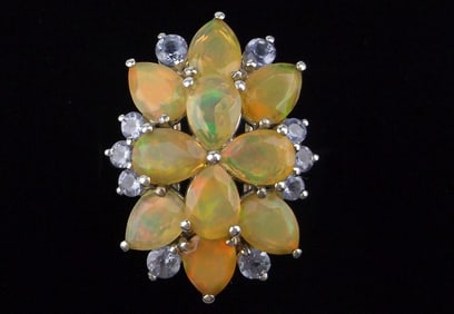 Mint Big Designer Sterling Silver Yellow Red Opal Tanzanite Ring 7
