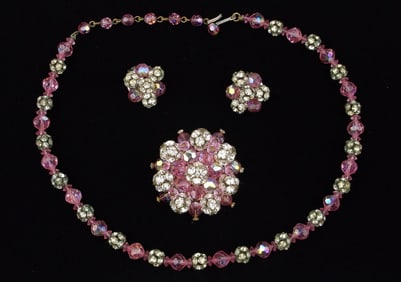 Stunning 1950s Crystal Rhinestone Necklace Brooch Earrings 18"