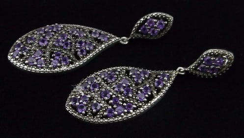 Stunning Big Designer India Sterling Silver Amethyst Drop Earrings