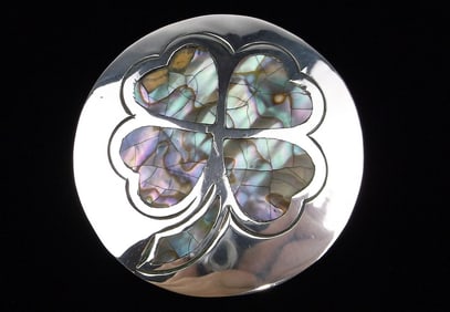 Mint 1960s Taxco Sterling Silver Abalone Shamrock Luck Brooch Pend