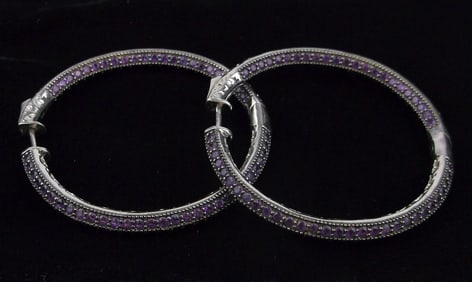 Huge New Heavy Designer Sterling Silver Amethyst Hoop Earrings
