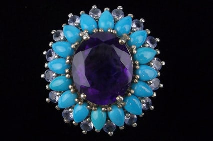 Mint Big Heavy Designer Sterling Silver Turquoise Tanzanite Ring 7