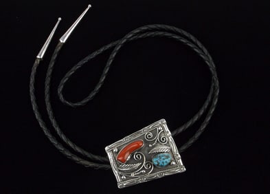 Mint Big 1950s Navajo Kathy Kee Sterling Turquoise Bolo Tie 36"