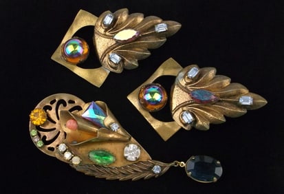 Rare Huge 1960s Designer Handmade Copper Brooch Earrings Set