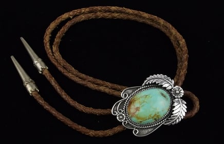 1960s Navajo Charlie Bowie Sterling Gem Turquoise Bolo Tie 32"