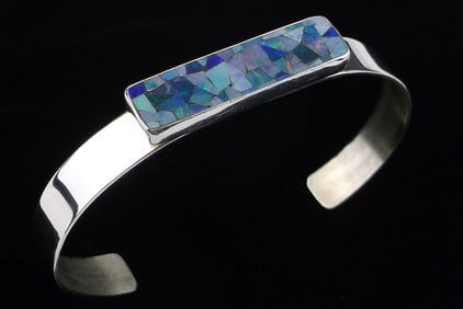 Mint Jay King Desert Rose Sterling Opal Mosaic Cuff Bracelet 7-8"