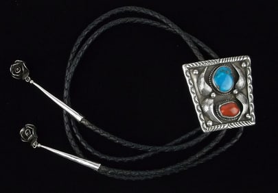 HUGE 1940s Navajo Fred Charley Sterling Turquoise Bolo Tie 44"