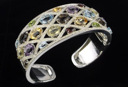 Big Mint Heavy Thick Sterling Silver Gemstone Cuff Bracelet 8"