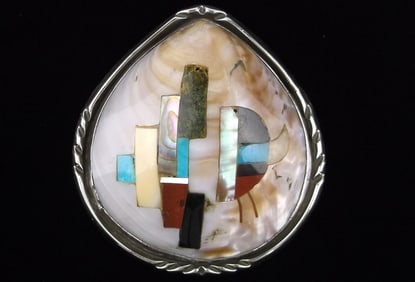 HUGE Navajo Dennis Ramone Sterling Buffalo Shell Pendant Inlay