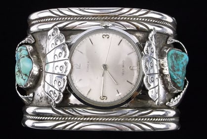 HUGE 1960 Navajo Gilbert Adeky Sterling Turquoise Cuff Bracelet