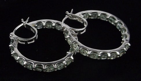 New Big Designer Heavy Sterling Silver Green Topaz Hoop Earrings