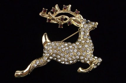 New Boxed Monet Rhinestone Christmas Reindeer Brooch