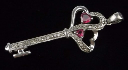 Mint Vint Designer Sterling Silver Ruby Diamond Key Pendant