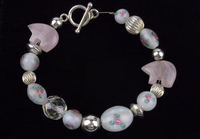 Mint Vint Sterling Silver Rose Quartz Bear Crystal Bracelet 8.25"