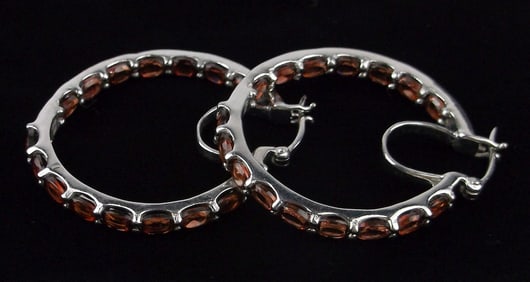 Mint Big Thick Designer Sterling Silver Garnet Hoop Earrings