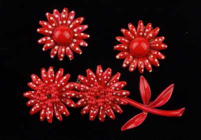 Mint Vint 1960s Enameled Flower Brooch Earrings Set