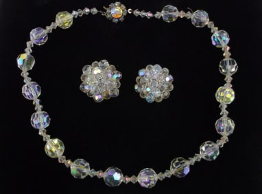 Stunning Vint 1950s Crystal Necklace Earrings Set 16"