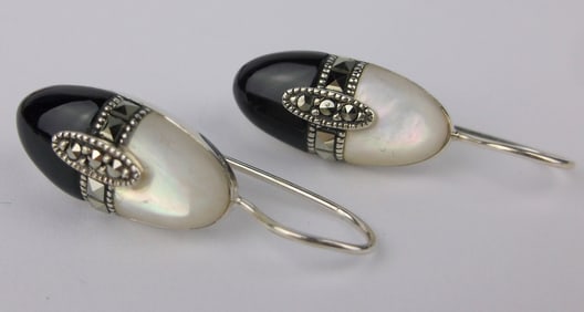 Mint Big Designer Sterling Silver Onyx MOP Drop Earrings