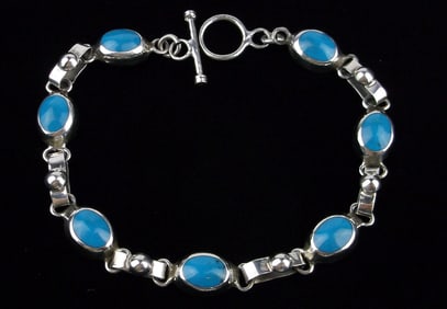 Mint Thick Vint Taxco Sterling Silver Turquoise Bracelet 8"
