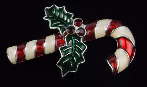 New Boxed Monet Rhinestone Christmas Candy Cane Brooch